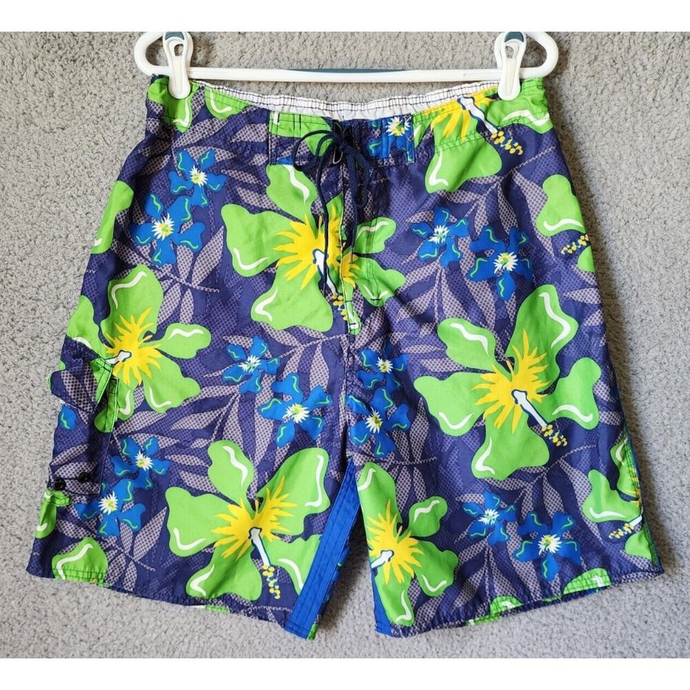 No Boundaries Blue & Green Floral Print Tropical Board Shorts Swim Suit Size‎ L